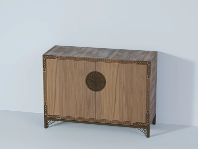 Traditional Wooden Entryway Console Cabinet With Circular Decorative Motif And Metal Trim 3d model