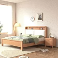 Natural Style Wooden Double Bed With Green Pillows Quilt Nightstand Floor Lamp And Wall Decor