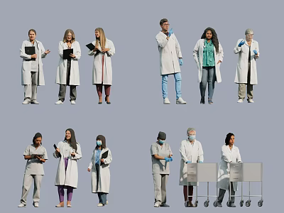 Group Of Diverse Medical Staff In Various Poses And Outfits 3d model