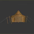 Yellow Canvas Camping Tent With Conical Roof And Support Poles For Outdoor Furniture