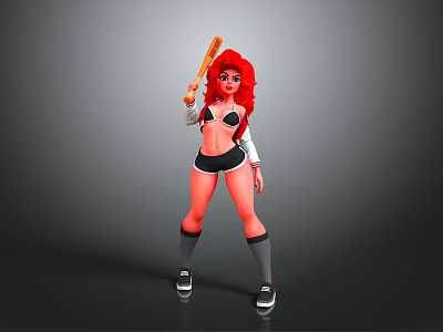 Red Haired Woman Holding Baseball Bat In Black Shorts White Top Gray Socks And Sneakers 3d model