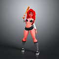 Red Haired Woman Holding Baseball Bat In Black Shorts White Top Gray Socks And Sneakers