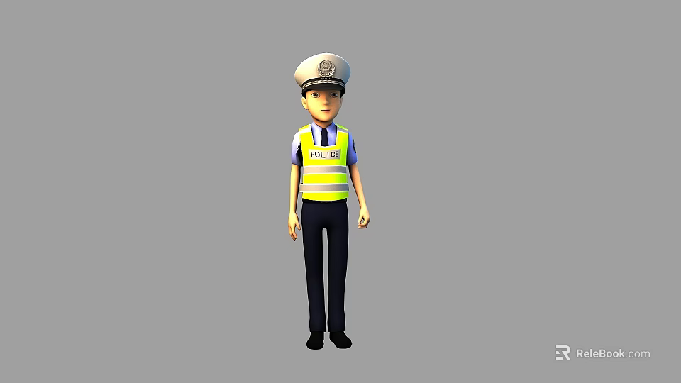 Game and Movie Character Police Officer in Police Hat Reflective Vest Blue Uniform Gray Background 3d model 