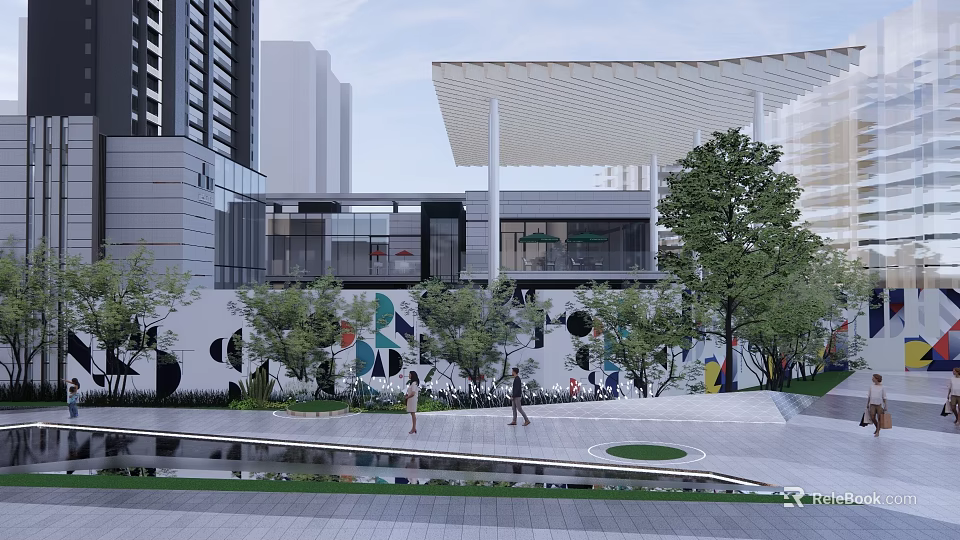 Modern Urban Plaza With Pedestrians Greenery And Architectural Canopy Design 3d model 