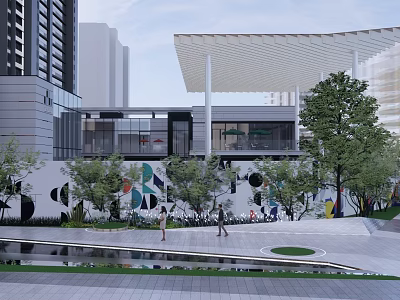 Modern Urban Plaza With Pedestrians Greenery And Architectural Canopy Design 3d model