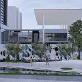 Modern Urban Plaza With Pedestrians Greenery And Architectural Canopy Design