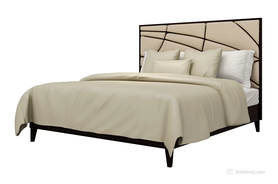 Modern Double Bed With Upholstered Headboard Beige Comforter And Multiple Pillows 3d model
