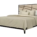 Modern Double Bed With Upholstered Headboard Beige Comforter And Multiple Pillows 3d model