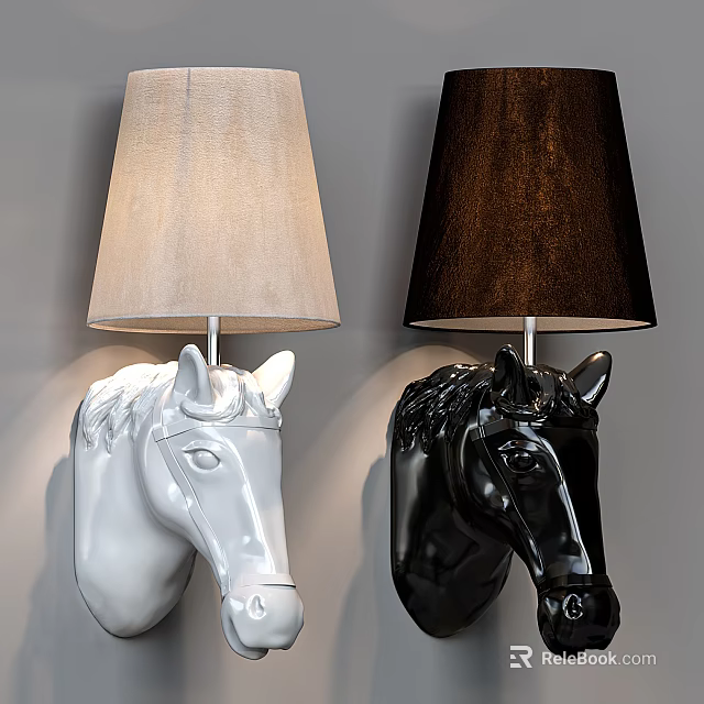 Horse Head Shaped Wall Lamps in White and Black with Beige and Dark Brown Shades 3d model 