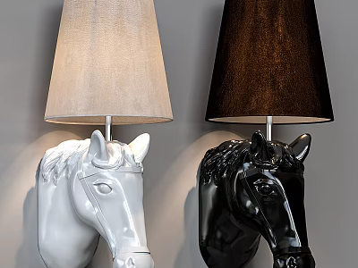 Horse Head Shaped Wall Lamps in White and Black with Beige and Dark Brown Shades 3d model