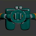 Green Metallic Robot Character With Orange Joint Rings And Red Chest Logo