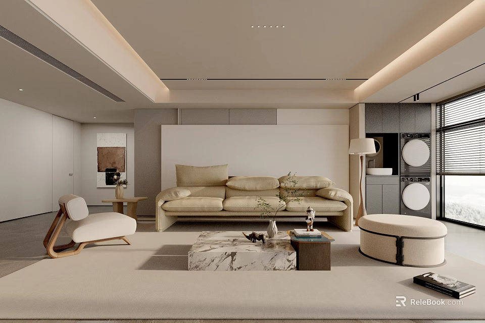 Modern Beige Living Room Interior With Comfortable Sofa Marble Coffee Table And Soft Lighting 3d model 
