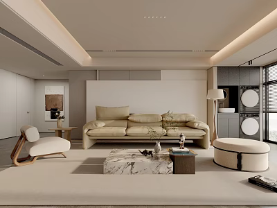 Modern Beige Living Room Interior With Comfortable Sofa Marble Coffee Table And Soft Lighting 3d model