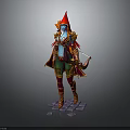 Blue Skinned Fantasy Character With Red Pointed Hat Green Pants Bow And Golden Decorations Standing On Stone Platform
