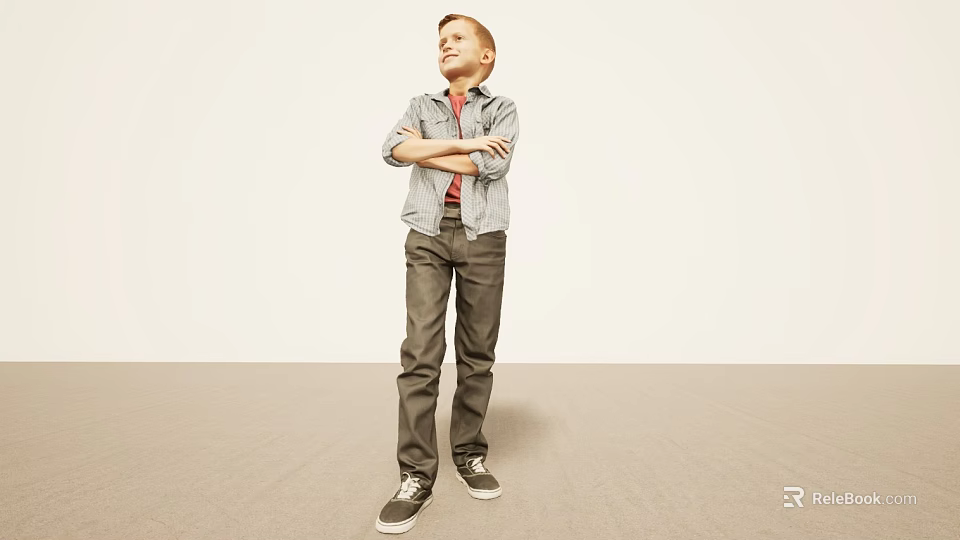 Man with crossed arms wearing gray jacket red shirt dark pants sneakers against light background 3d model 