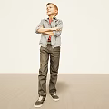 Man with crossed arms wearing gray jacket red shirt dark pants sneakers against light background