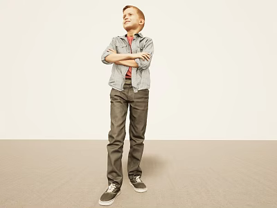 Man with crossed arms wearing gray jacket red shirt dark pants sneakers against light background 3d model