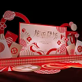 Decorated Dragon Themed Stage With Red White Elements Curved Patterns And Lighting Effects 3d model