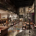 Vibrant Bar Interior Featuring Colorful Tiled Floor Pendant Lights Tables And Chairs