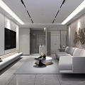 Modern Living Room Interior With Gray Sofa Round Coffee Table TV Wall And Orange Curtains