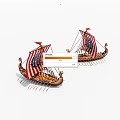 Two Ancient Wooden Ships With Red Flags Sails And Oars On White Background 3d model