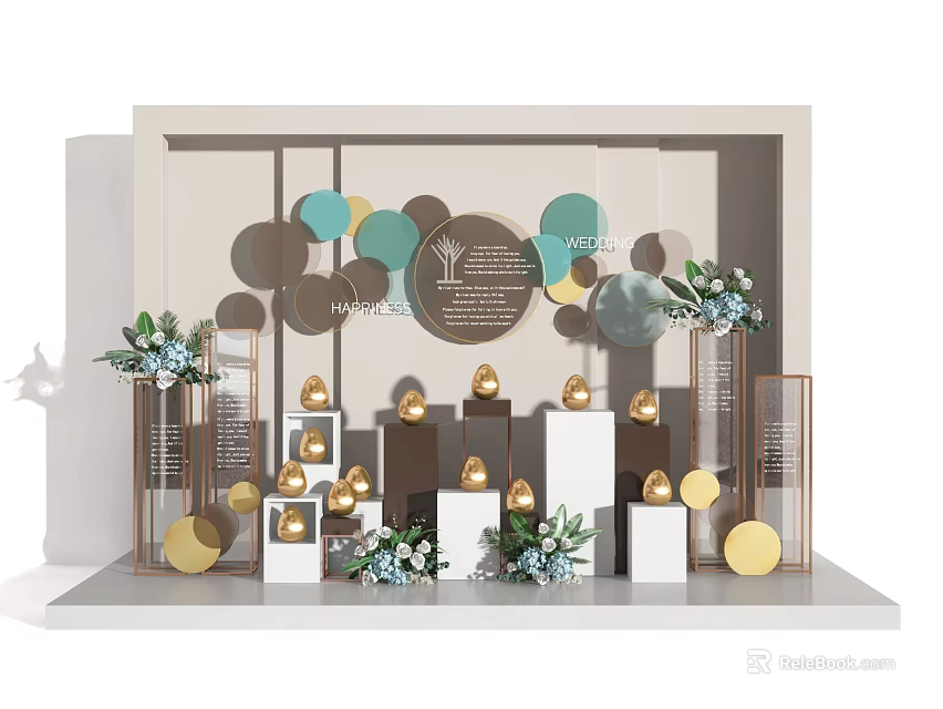 Wedding Decoration Setup With Round Ornaments White Pedestals And Floral Arrangements 3d model 