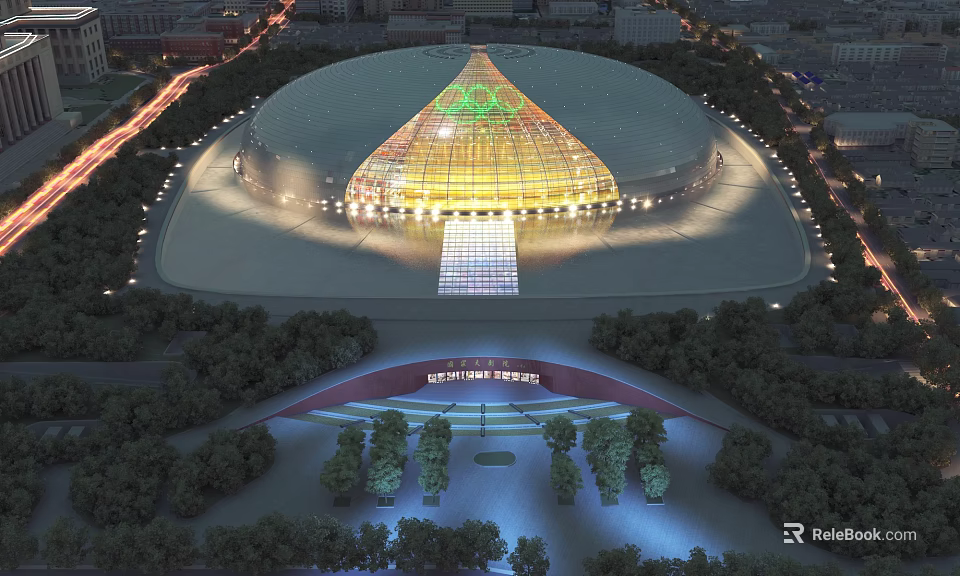 Cultural Center Building with Unique Glass Dome Illuminated at Night Surrounded by Green Trees and Plaza 3d model 