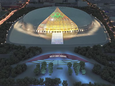 Cultural Center Building with Unique Glass Dome Illuminated at Night Surrounded by Green Trees and Plaza 3d model
