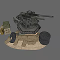 Military Tank With Sandbags Stacked Tires And Ammunition Crates In Battlefield Setup