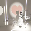 White Wedding Dress Display With Heart Shapes And Flowers