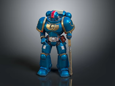 Blue And Gold Armored Warrior With Staff And Red White Blue Helmet 3d model