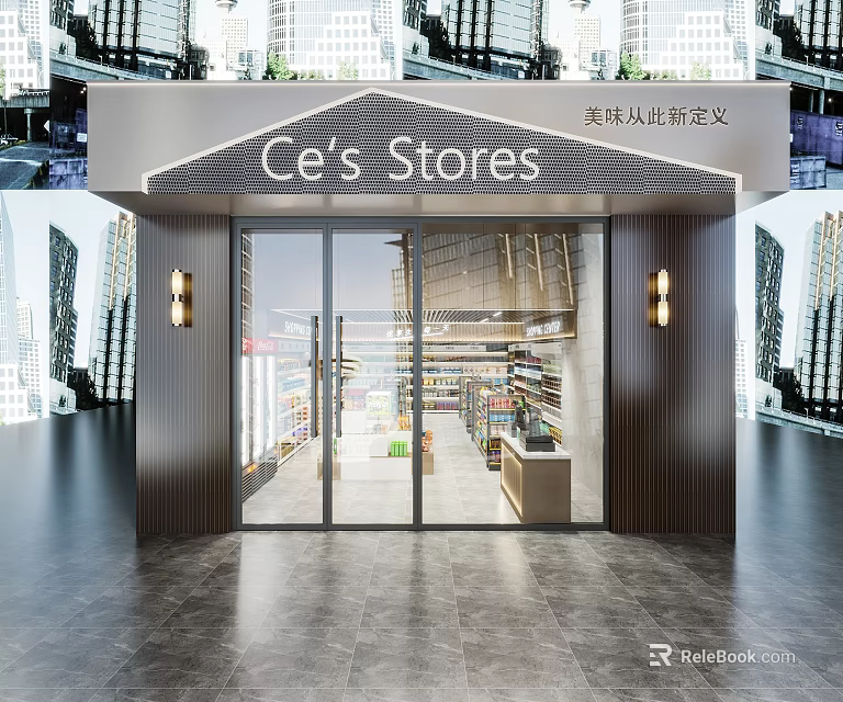 Modern Ce's Stores Exterior And Interior With Glass Doors And Shelves 3d model 