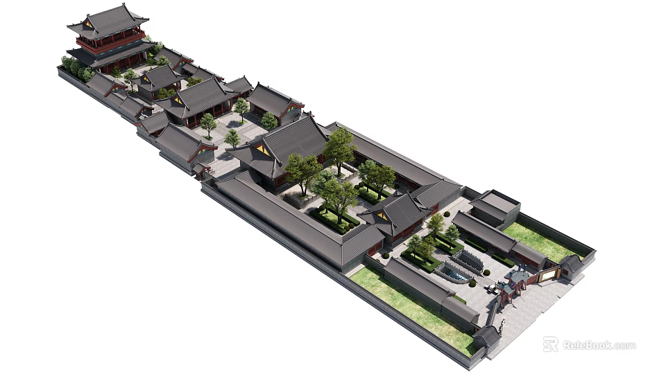 Ancient Chinese Traditional Architecture Complex With Courtyard Layout Overhanging Eaves And Green Plants 3d model 
