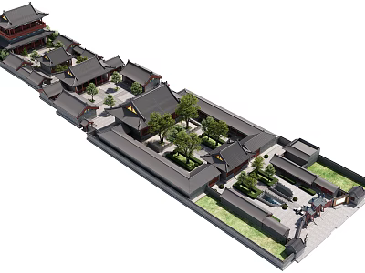 Ancient Chinese Traditional Architecture Complex With Courtyard Layout Overhanging Eaves And Green Plants 3d model