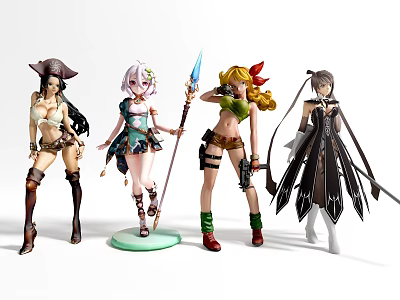 Anime Female Figurines Collection Featuring Varied Outfits Weapons And Stylish Poses 3d model