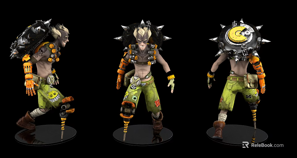 Game Movie Character With Spiked Shoulder Armor Green Pants And Mechanical Elements Three Quarter Views 3d model 