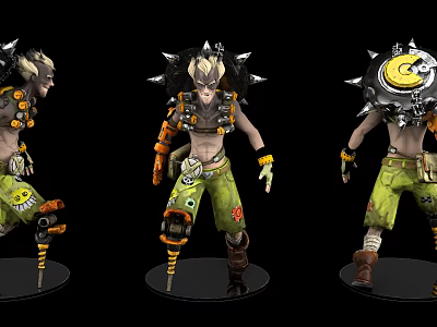 Game Movie Character With Spiked Shoulder Armor Green Pants And Mechanical Elements Three Quarter Views 3d model
