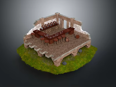 Circular Stone Outdoor Office Desk With Curved Design And Green Grass Surroundings 3d model