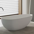 Modern Freestanding White Bathtub In Bathroom Interior With Chrome Faucet And Window Blinds