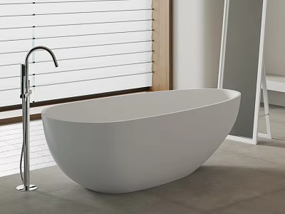 Modern Freestanding White Bathtub In Bathroom Interior With Chrome Faucet And Window Blinds 3d model