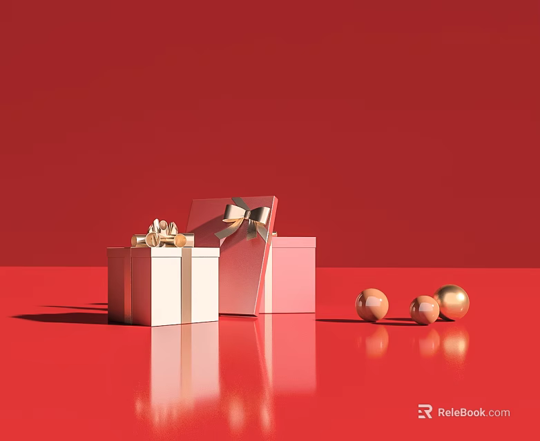 Elegant Gift Boxes With Flat Opening Doors And Gold Bows On Red Background 3d model 