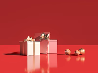 Elegant Gift Boxes With Flat Opening Doors And Gold Bows On Red Background 3d model