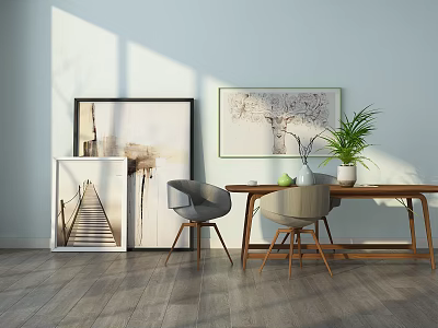 Modern Wooden Dining Table Set With Chairs Decorative Paintings And Green Plant 3d model