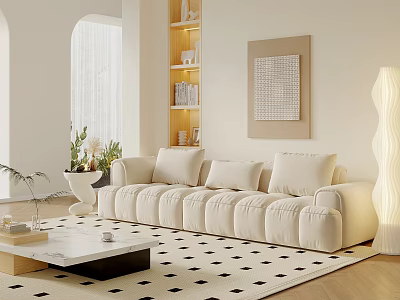 Modern Living Room Interior With Beige Sofa Black White Rug Bookshelf Decorative Art Floor Lamp 3d model