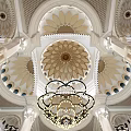 Islamic Mosque Interior With Dome Chandelier And Blue Prayer Carpet For Religious Faith