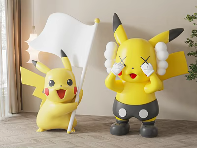 Pikachu Dolls In Room One Holding White Flag 3d model
