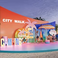 City Walk Camping Themed Photo Spot With Palm Trees Surfboards And Beach Setting