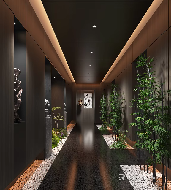 Elevator Corridor Modern Dark Design With Bamboo Plants Decorative Sculptures And Lighting Strips 3d model