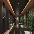 Elevator Corridor Modern Dark Design With Bamboo Plants Decorative Sculptures And Lighting Strips 3d model