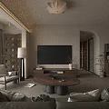 Modern Living Dining Room Interior With Dark Brown Bookshelf Green Sofa Round Wooden Coffee Table